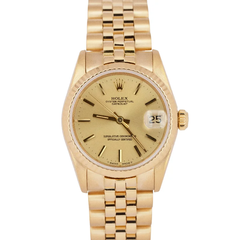 Custom Watches For Couples-MINT Rolex DateJust President 31mm Champagne 18K Yellow Gold Fluted 68278 Watch