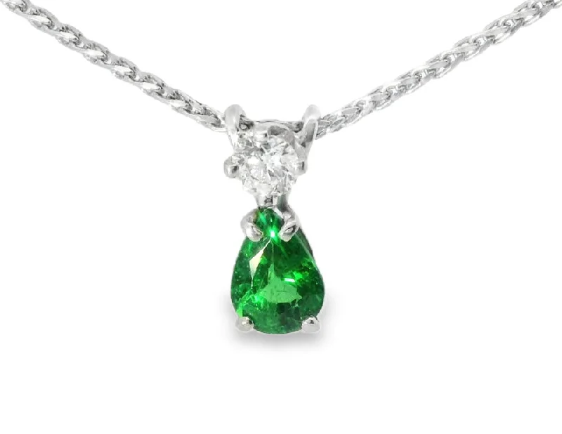 Personalized Crystal Necklace For Gift Giving-Beautiful 14K White Gold Pear Emerald Diamond Drop Pendant Necklace