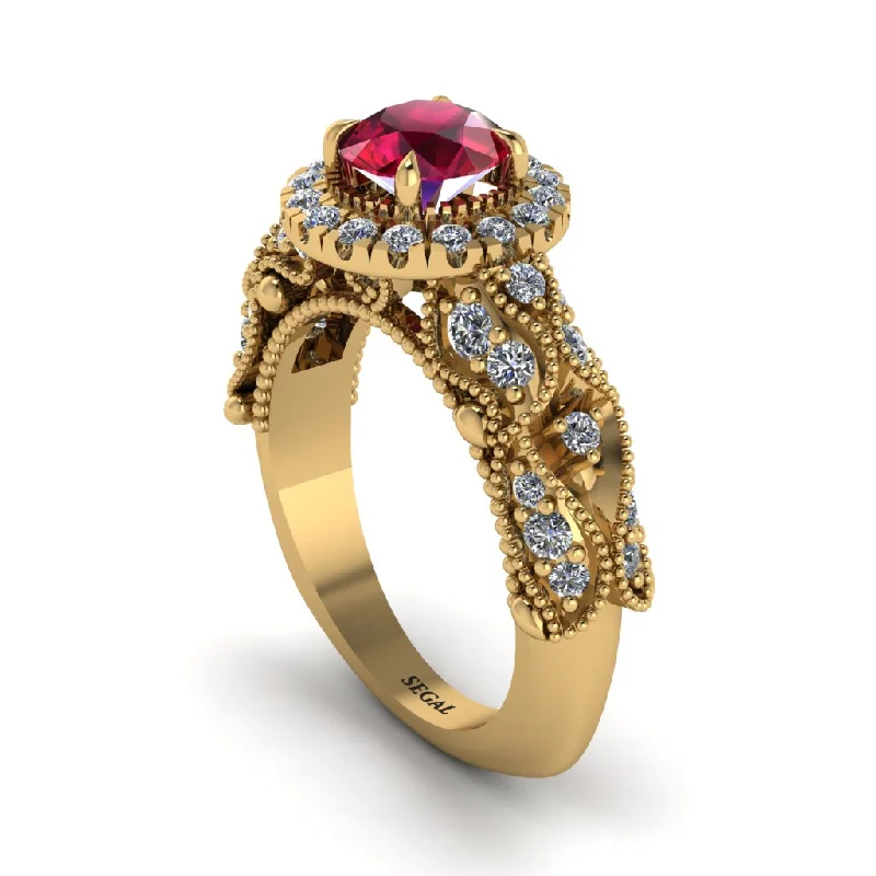 Handmade Gold Rings For Fashionistas-Exclusive Halo Ruby Milgrain Engagement Ring - Kendra No. 10