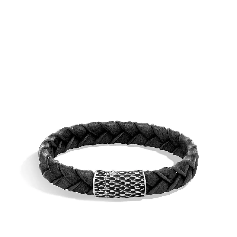 Men’s Chunky Bracelets-Legends Naga Silver Station Bracelet on Black Leather