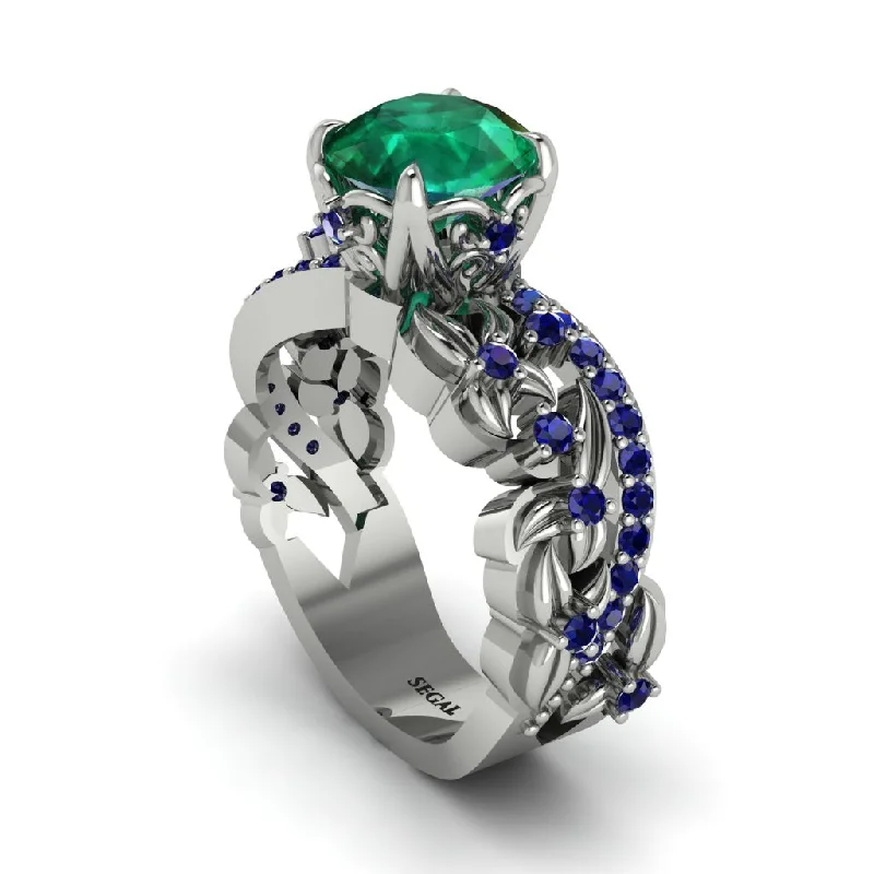 Custom Ring Sets For Couples-Round Floral Cathedral Emerald Engagement Ring - Lindsay No. 66