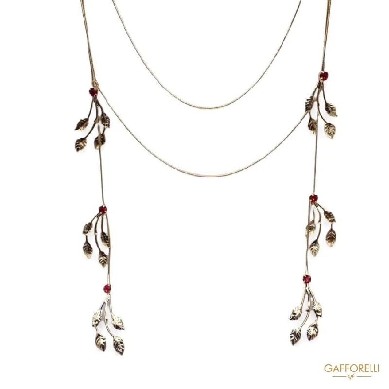 Trendy Long Necklace For Fashion Week-Empire Style Necklace with Leaves and Red Rhinestones C278 - Gafforelli Srl