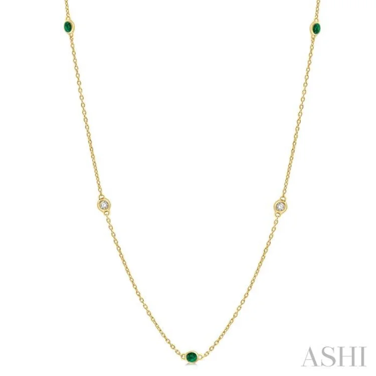 Handmade Gold Necklace For Bridesmaids-1/6 ctw Round Cut Diamond and 1.75MM Emerald Precious Station Necklace in 14K Yellow Gold