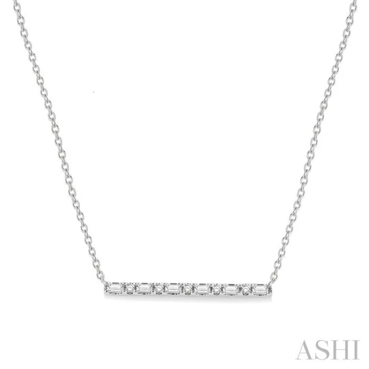 Modern Geometric Necklace For Fashionistas-1/6 Ctw Baguette and Round Cut Diamond Petite Bar Necklace in 10K White Gold