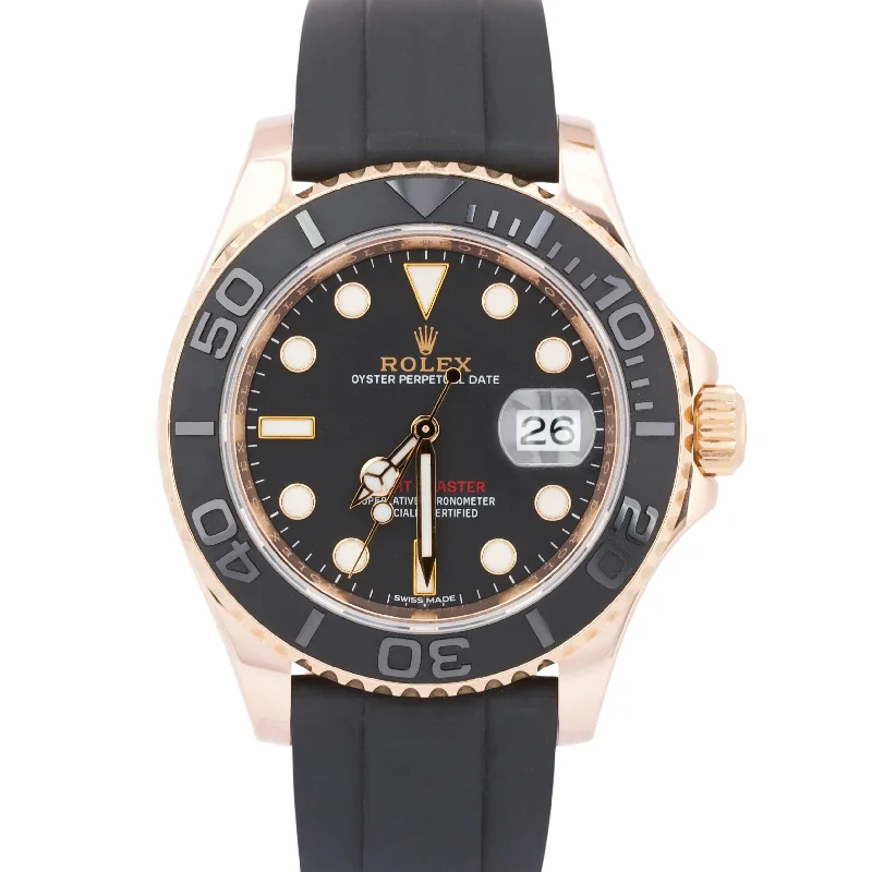 Men’s Watches With Bold Faces-MINT Rolex Yacht-Master 18K Rose Gold Black Oysterflex Rubber 40mm Watch 116655