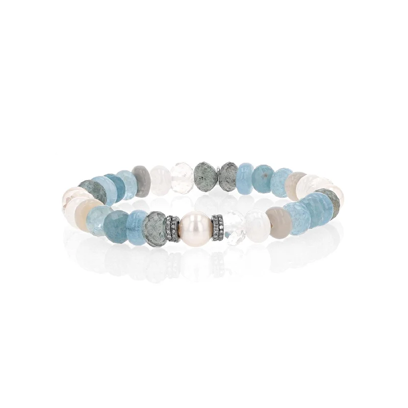 Stylish Beaded Bracelets For Men-Pearl and Blue Gemstone Mix Bracelet with 4 Diamond Rondelles - 8mm  B0003977