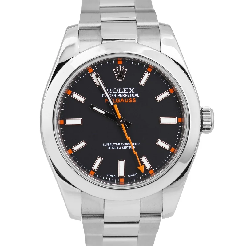 Classic Pocket Watches For Collectors-MINT Rolex Milgauss BLACK Orange Stainless Steel 40mm 116400 Oyster Watch