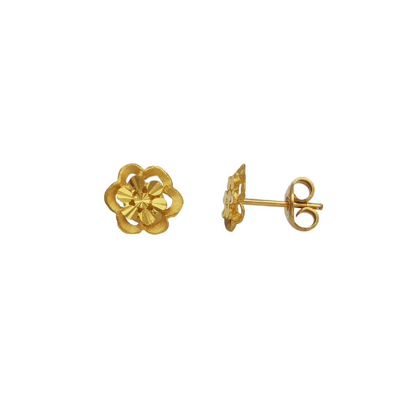 Vintage Drop Earrings For Women-Glitter Textured & Diamond-cuts Blossom Flower Stud Earrings (24K)