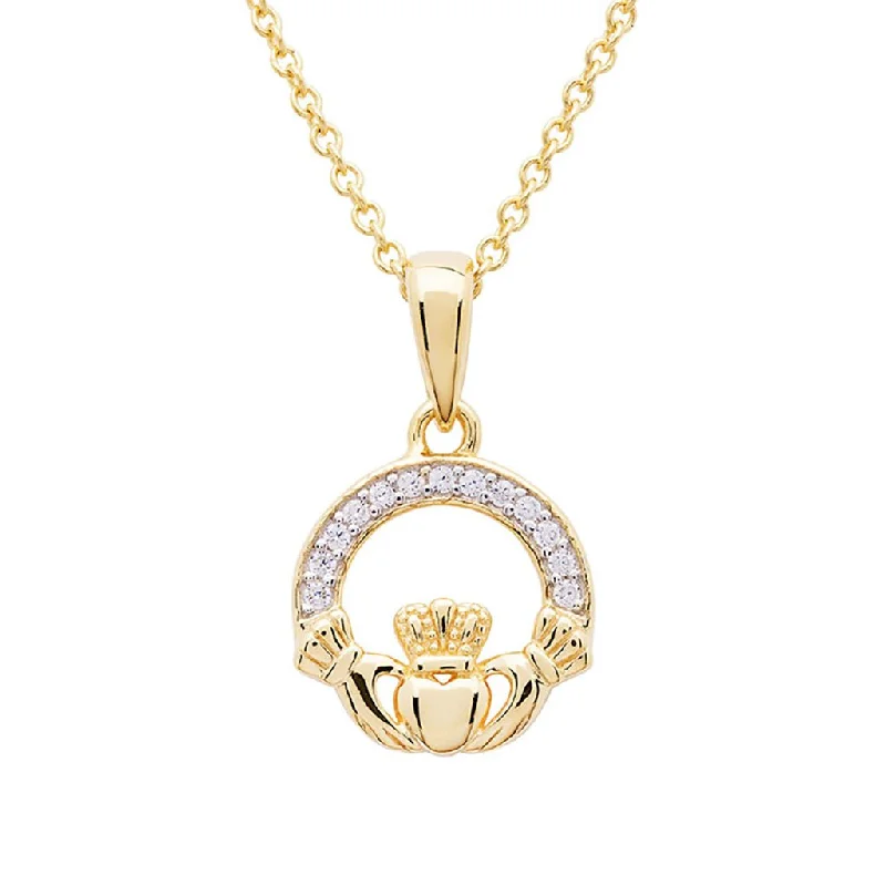 Custom Birthstone Necklace For Special Occasions-Shanore : 14KT Gold Vermeil Claddagh Necklace Studded with White Cubic Zirconias