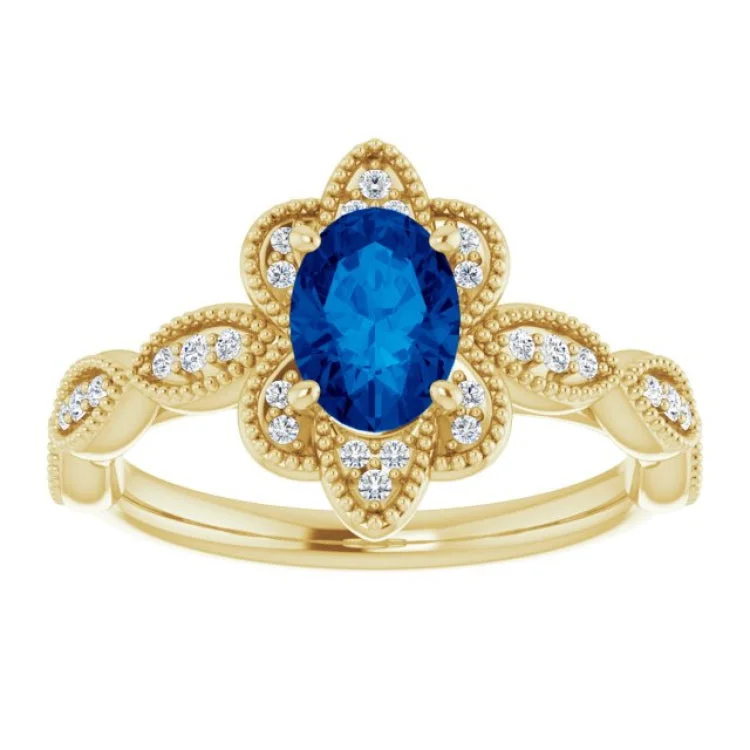 Vintage-Inspired Rings For Brides-14K Yellow Lab-Grown Blue Sapphire & 1/8 CTW Natural Diamond Ring