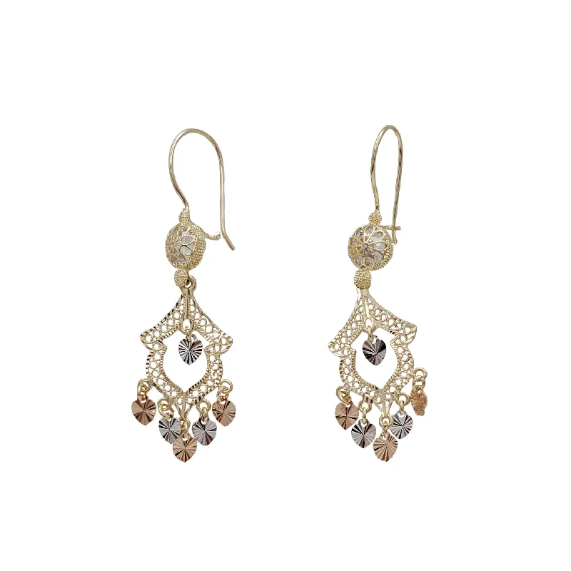 Elegant Diamond Earrings-Tricolor 5-Hearts Chandelier Dangling Earrings (14K)