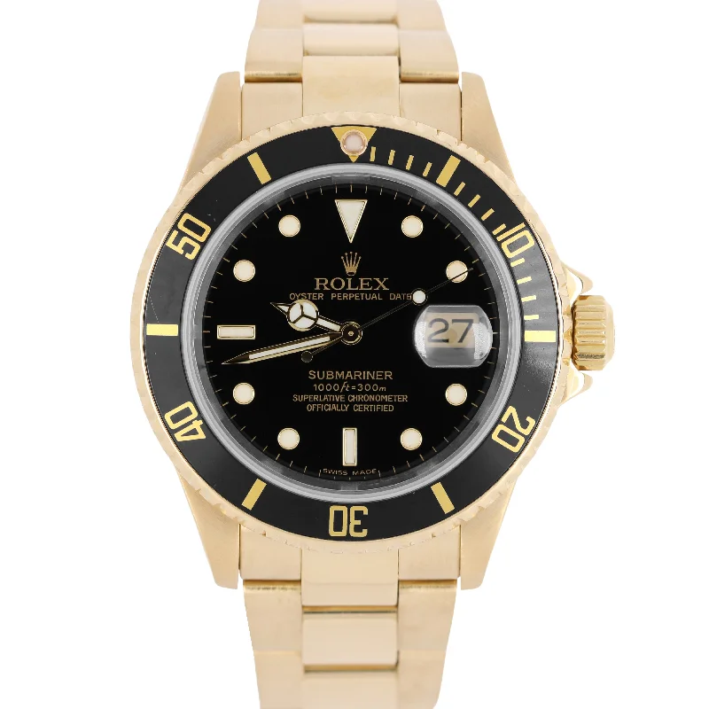 Men’s Watches With Compass Functions-Rolex Submariner Date 18K Yellow Gold NO-HOLES Black 40mm 16618T Oyster Watch