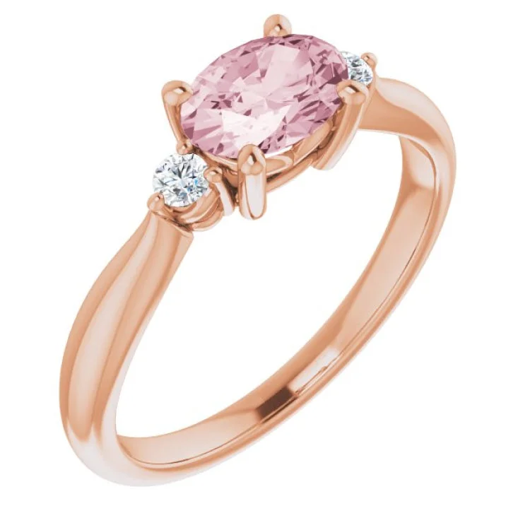 Unique Gemstone Engagement Rings For Bridesmaids-14K Rose 7x5 mm Oval Natural Pink Morganite & .08 CTW Natural Diamond Ring