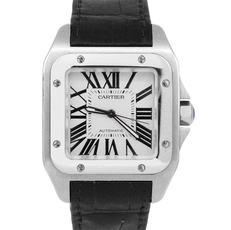 Affordable Digital Watches For Fitness-PAPERS Cartier Santos 100 XL Stainless Steel White 38mm Watch 2656 W20073X8 BOX