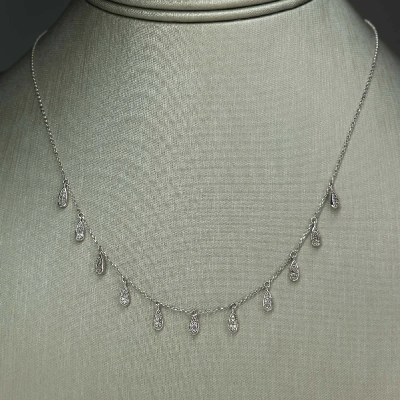 Large Chunky Necklace For Bold Look-Diamond Cluster Teardrop Dangle Station Necklace in 10K White Gold