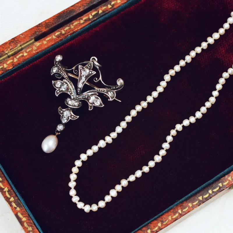 Trendy Long Necklace For Fashion Week-Precious Antique Natural Pearl & Diamond Necklace