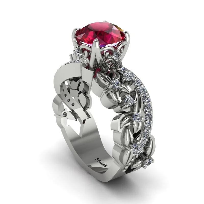 Custom Platinum Rings For Engagement-Round Floral Cathedral Ruby Engagement Ring - Lindsay No. 12