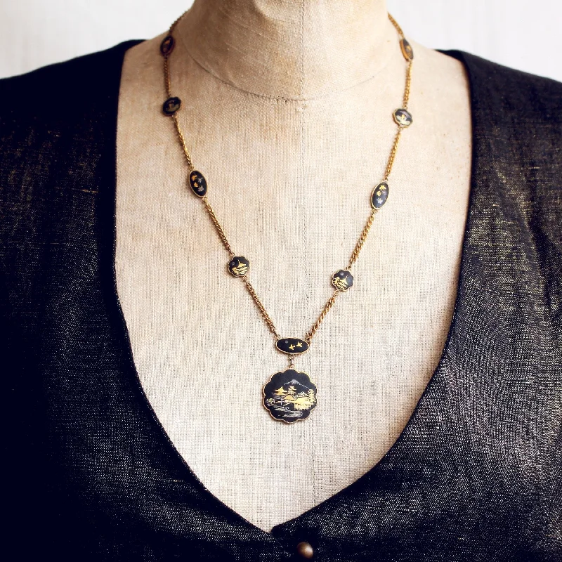 Trendy Long Necklace For Fashion Week-Vintage Japanese Damascene Necklace