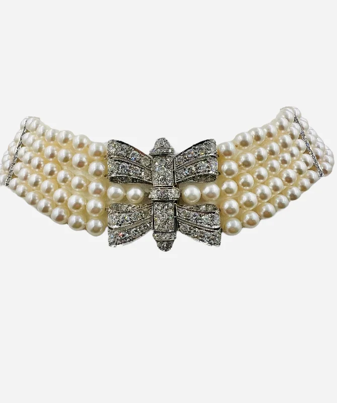 Classic Gold Necklace For Cocktail Parties-Art Deco Pearl Diamond Platinum Choker Collar Necklace