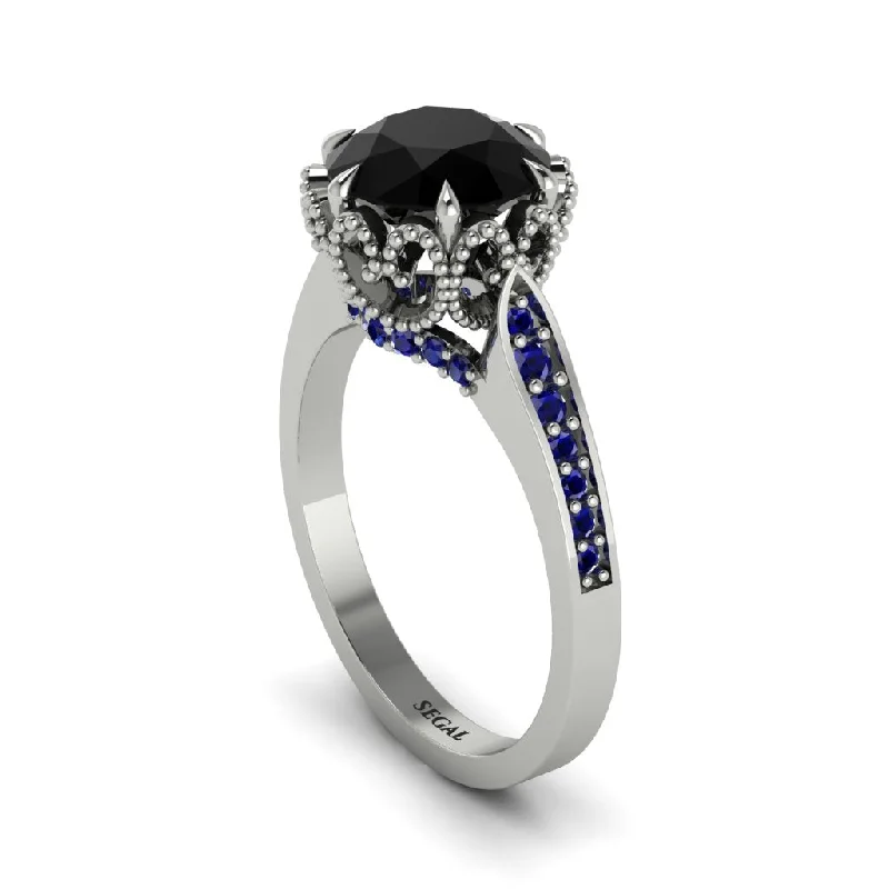 Elegant Halo Rings For Engagement-Black Diamond Milgrain Engagement Ring - Yara No. 69