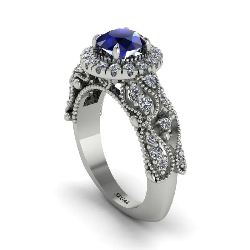 Custom Engagement Rings For Unique Proposals-Exclusive Halo Sapphire Milgrain Engagement Ring - Kendra No. 15