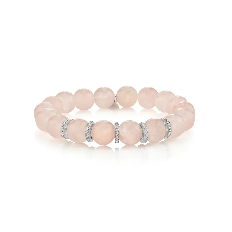 Leather Bracelets For Men-Faceted Rose Quartz Bracelet with Five Diamond Rondelles - 10mm : B0001798