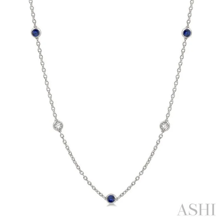 Long Layered Necklace For Fashionable Look-1/2 ctw Round Cut Diamond and 2.85MM Sapphire Precious Station Necklace in 14K White Gold