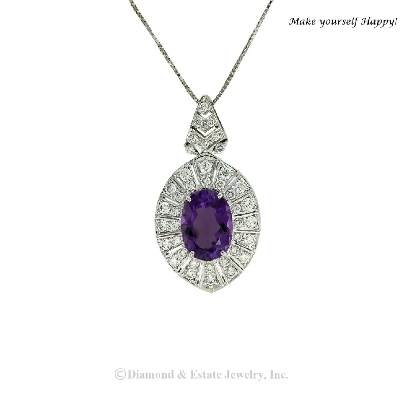 Custom Family Necklace For Special Gifts-Amethyst Diamond White Gold Pendant Necklace