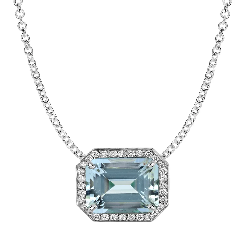 Long Pendant Necklace For Casual Look-Necklace - Aquamarine and Diamond in 18K White Gold