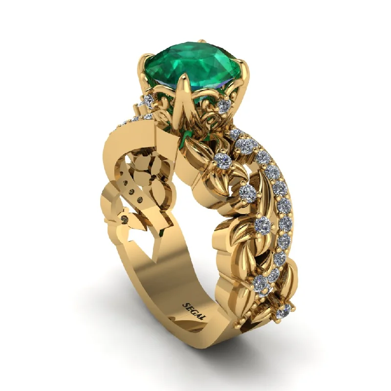 Unique Engagement Rings With Gemstones-Round Floral Cathedral Emerald Engagement Ring - Lindsay No. 4