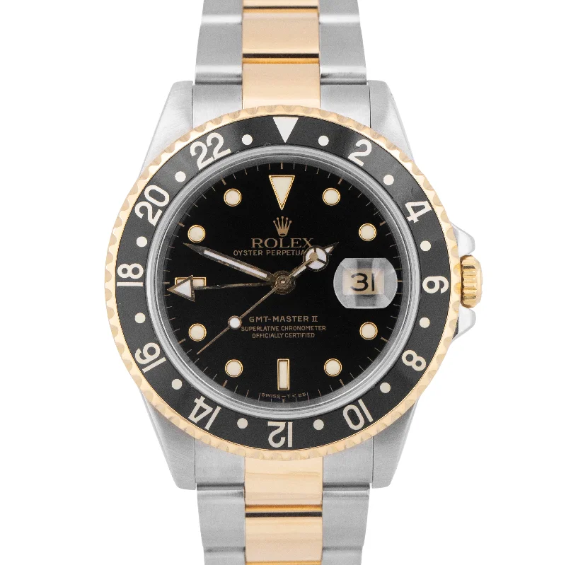 Designer Watches For Men-PAPERS Rolex GMT-Master II Black Two-Tone 18K Yellow Gold 40mm Watch 16713 BOX