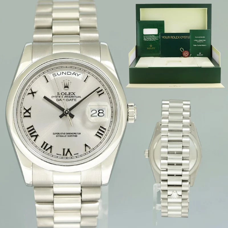 Designer Watches With Exclusive Features-MINT Rolex Platinum 36mm President 118206 Rhodium Roman Dial Watch Box