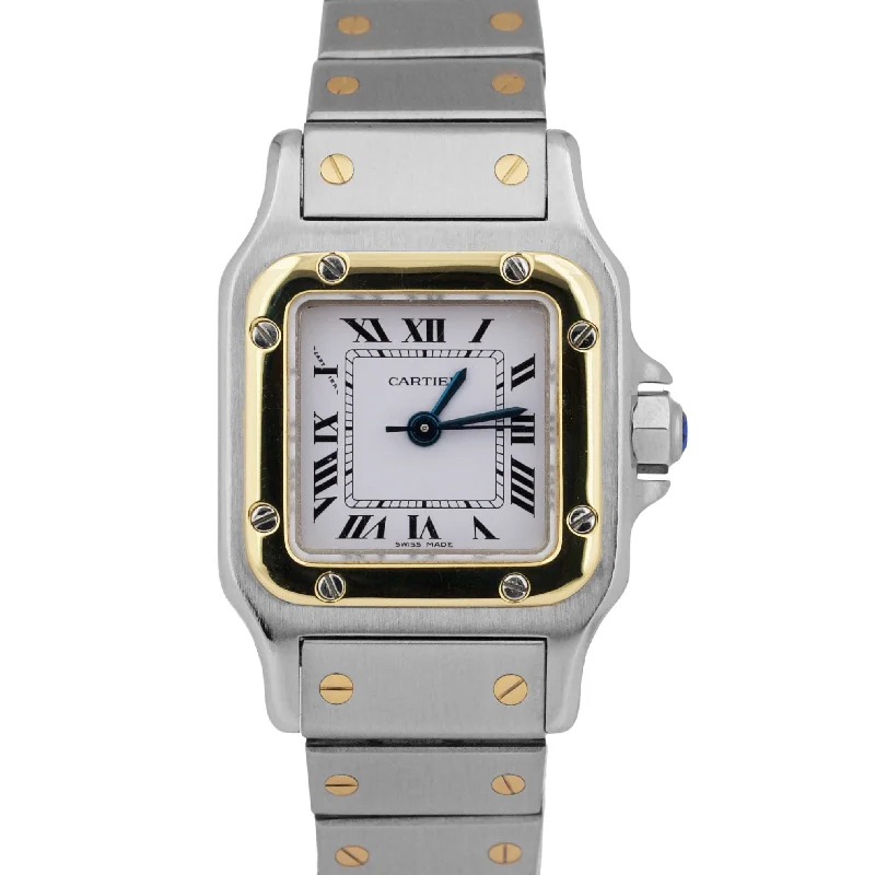 Men’s Watches With Leather And Metal Bands-Ladies Cartier Santos IVORY ROMAN 18K Gold Stainless AUTOMATIC 24mm Watch 0902