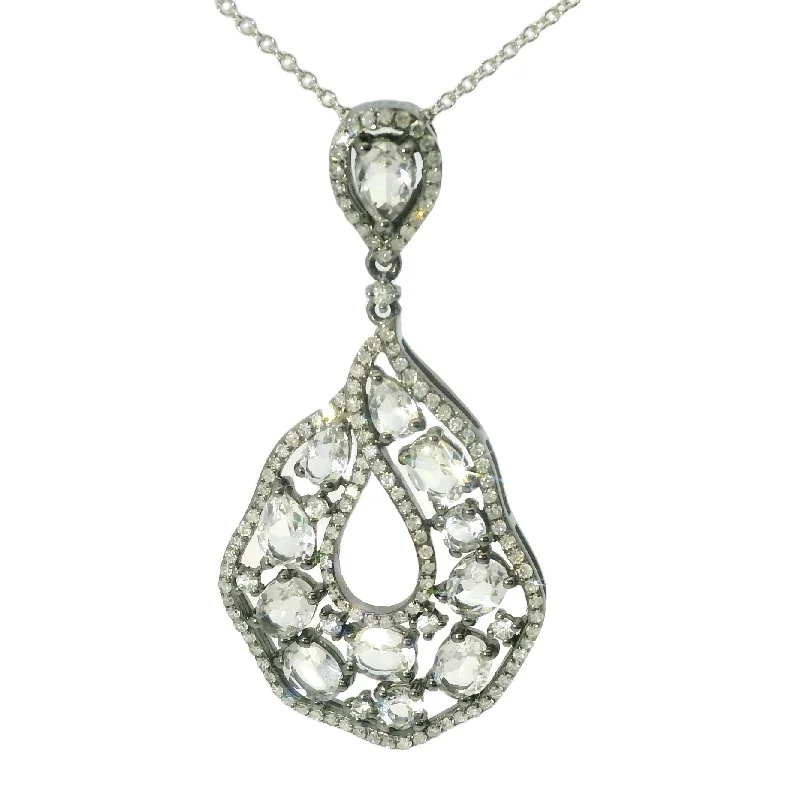 Trendy Silver Necklace For Day Wear-Gorgeous Estate 14K White Gold Topaz Diamond Drop Pendant Necklace