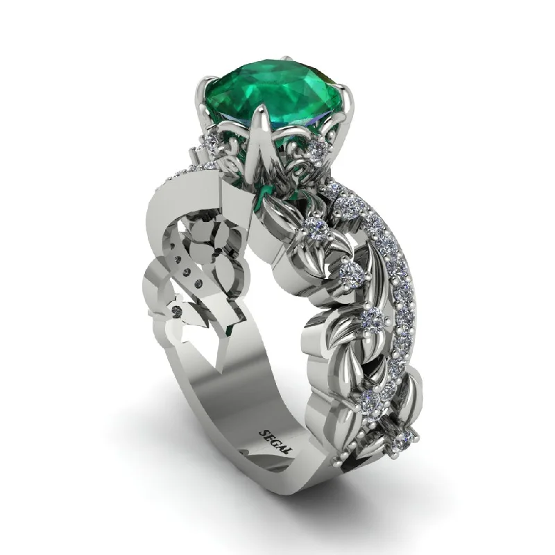 Modern Titanium Rings For Men-Round Floral Cathedral Emerald Engagement Ring - Lindsay No. 6