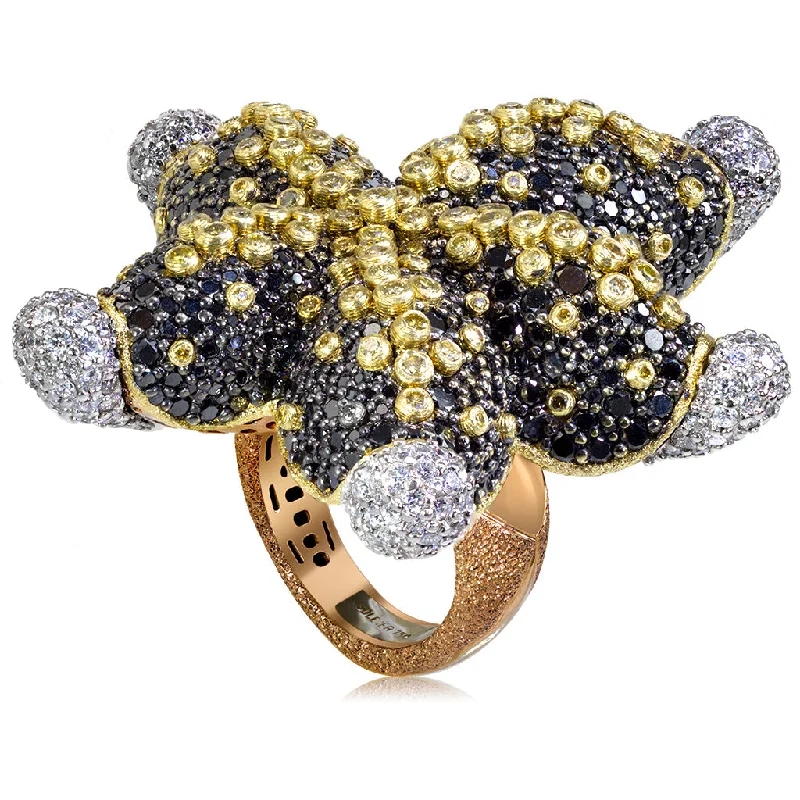 Handmade Engagement Rings For Unique Brides-Gold Starfish Ring with Black Diamonds and Sapphires