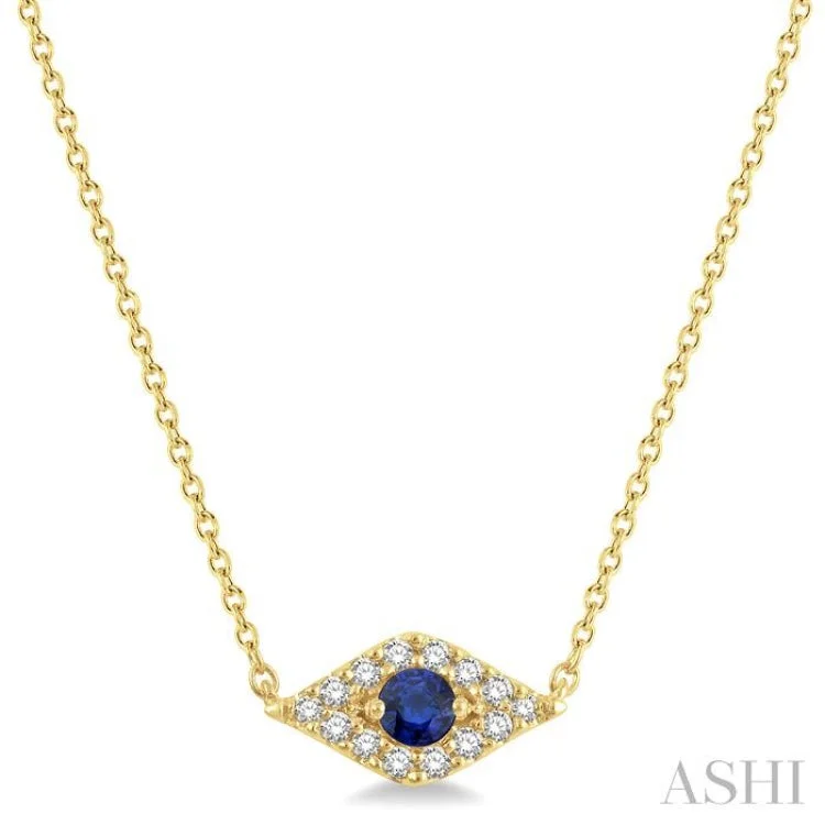 Long Beaded Necklace For Boho Look-1/10 Ctw Evil Eye Round Cut Diamond & 2.60MM Round Cut Sapphire Precious Petite Fashion Necklace in 10K Yellow Gold