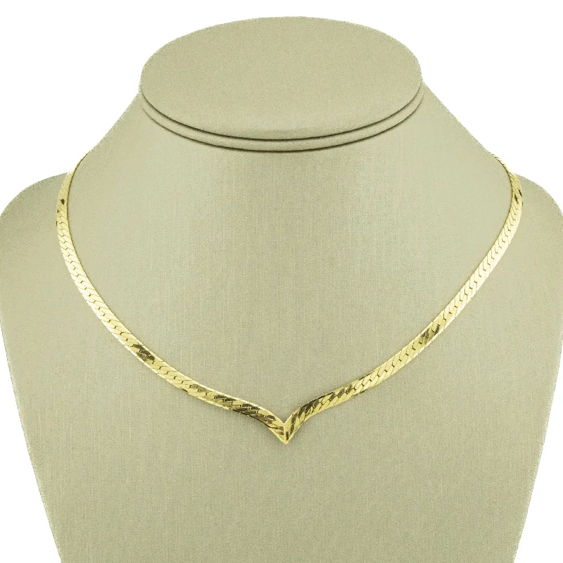 Unique Crystal Necklace For Fashion Lovers-3.8mm Herringbone V-Shape Chain 16" Necklace in 14K Yellow Gold