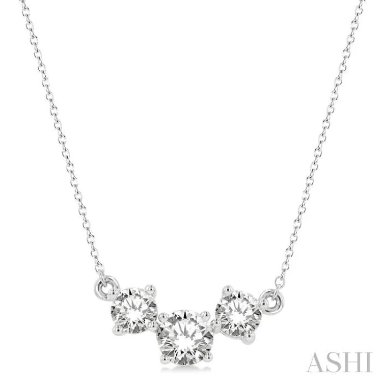 Custom Gold Necklace For Wedding Day-1 1/2 Ctw Three Stone Round Cut Diamond Necklace in 14K White Gold