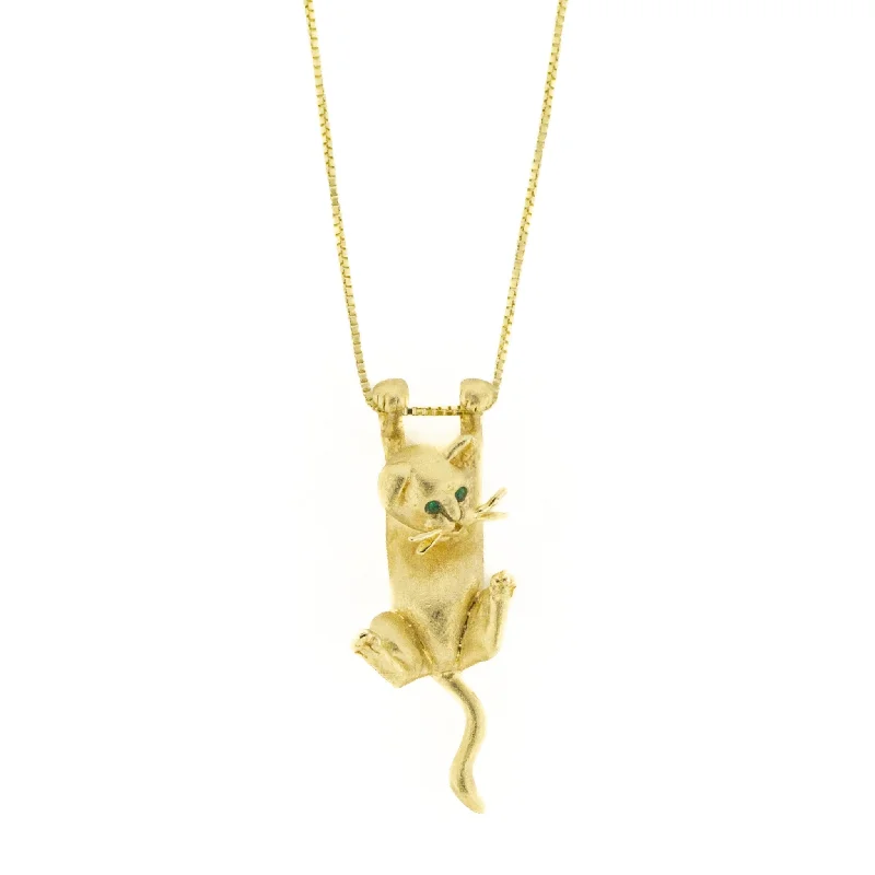 Elegant Necklace With Emerald For Special Events-Jack Slack Cat Pendant with Emerald Eyes on 20" Chain Necklace in 14 Yellow Gold