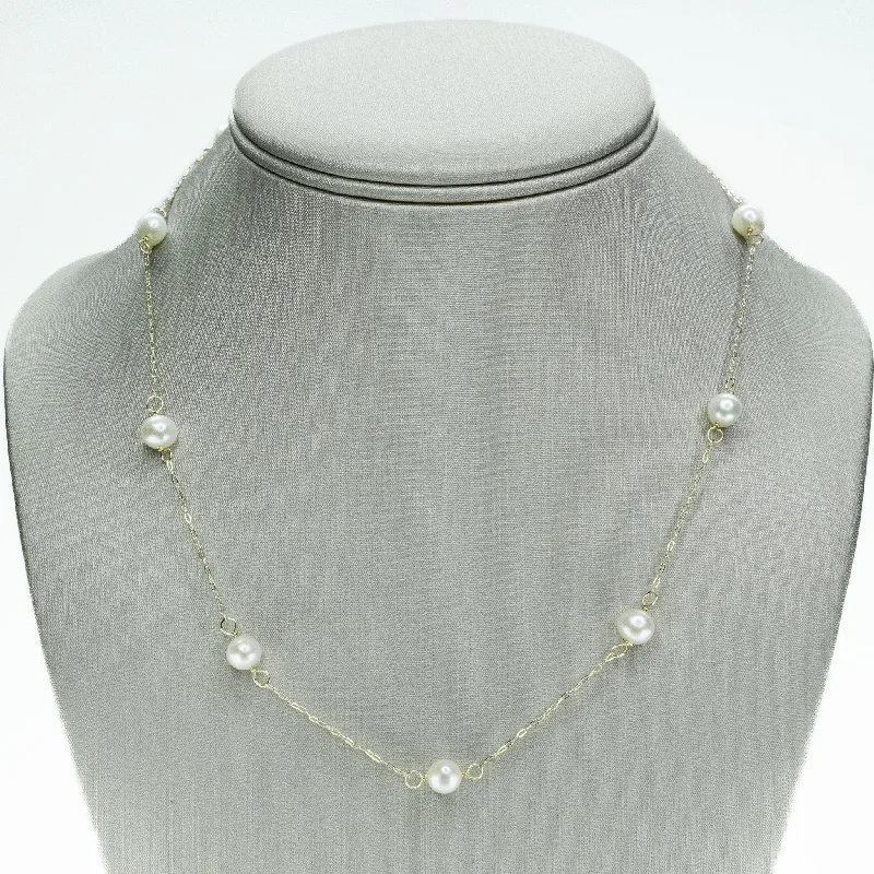 Classic Gold Chain Necklace For Bridesmaids-Pearl Station 17" Necklace in 14K Yellow Gold