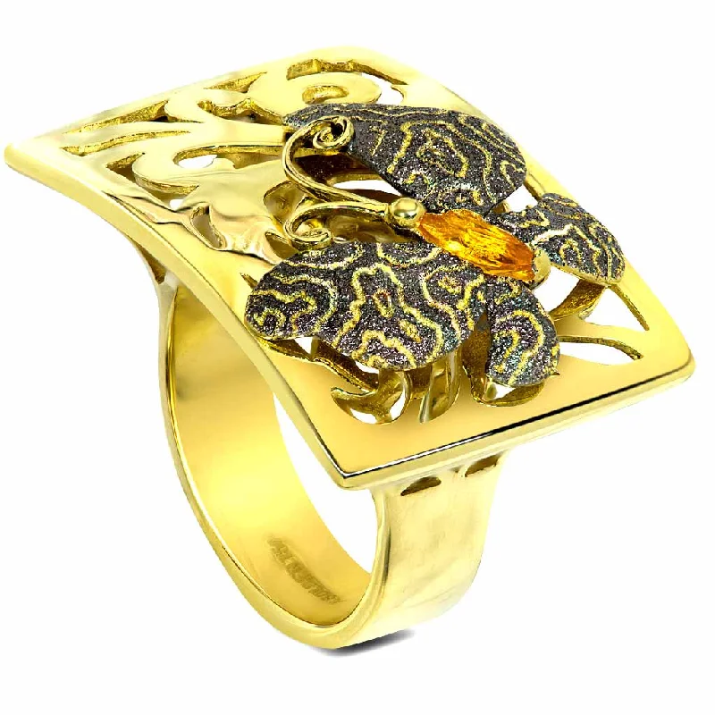 Modern Titanium Rings For Men-Gold Butterfly Ring with Citrine