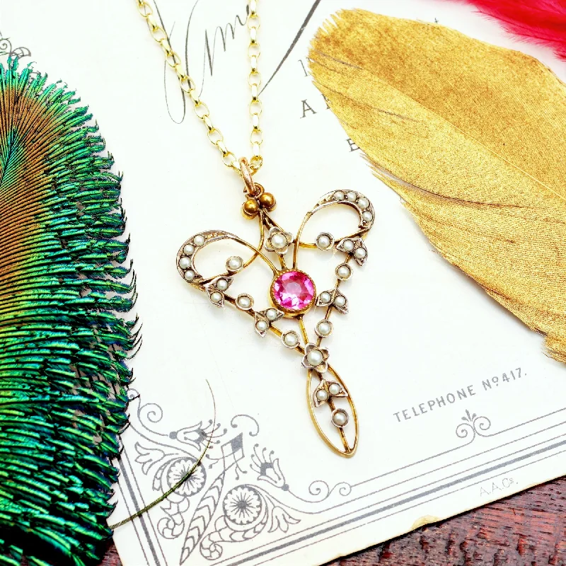 Custom Birthstone Necklace For Mom-Edwardian Seed Pearl & Pink Paste Pendant & Chain