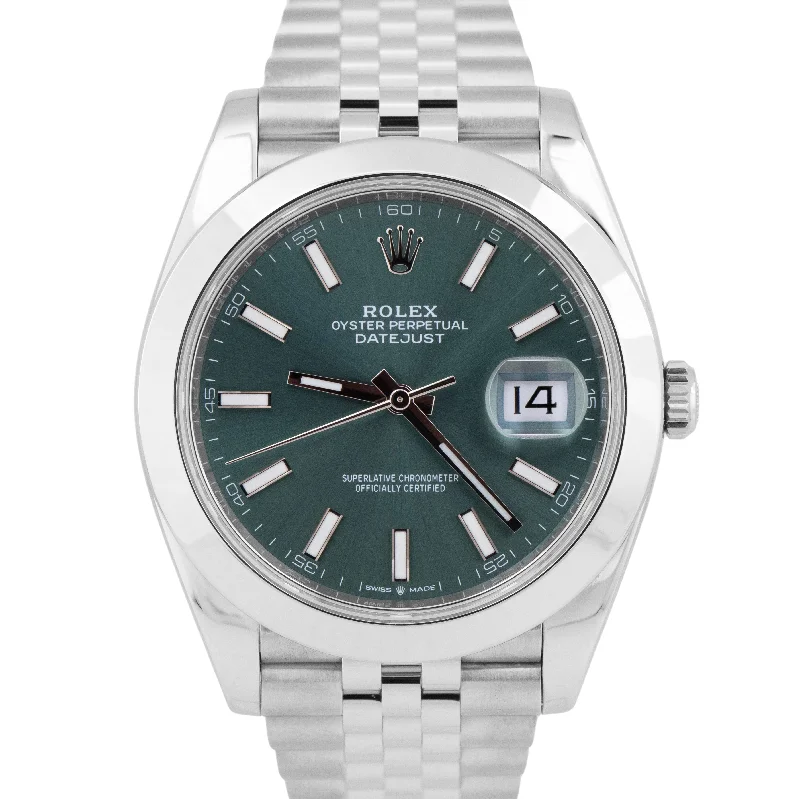 Classic Analog Watches With Leather Straps-BRAND NEW 2024 PAPERS Rolex DateJust 41 MINT GREEN JUBILEE Stainless 126300 BOX