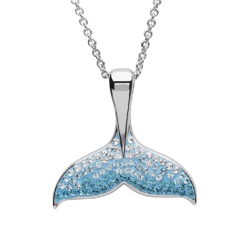 Boho Chic Necklace For Festivals-Ocean : Blue Whale Tail Necklace With Crystals - Sterling Silver