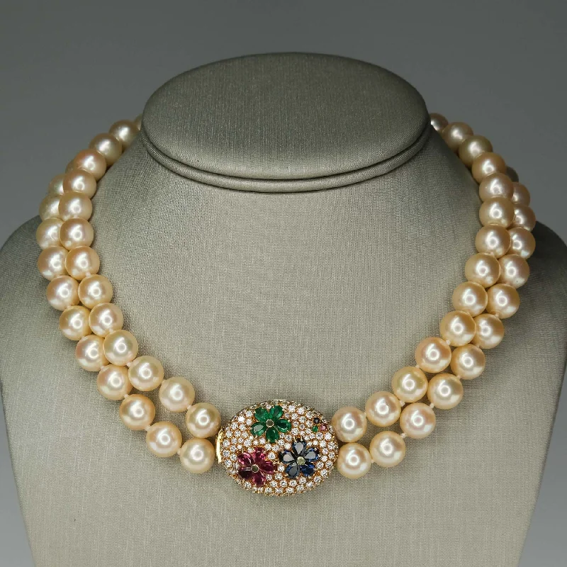 Simple Silver Necklace For Casual Outfits-Gold South Sea Pearls Double Strand with Gem and Diamond Clasp in 18K Gold