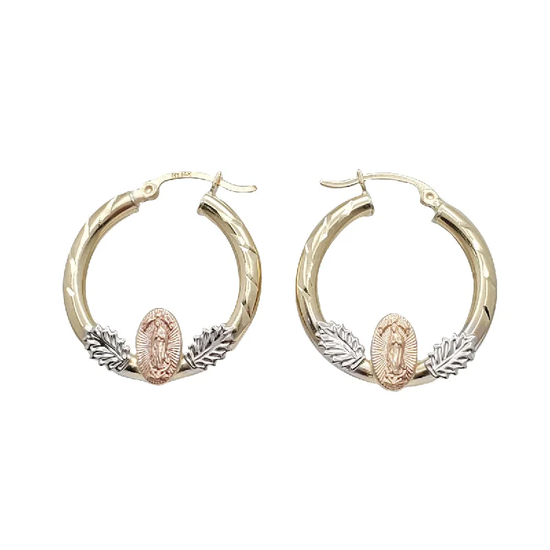 Crystal Stud Earrings For Bridesmaids-Tri-Color Virgin Mary Hoop Earrings (14K)