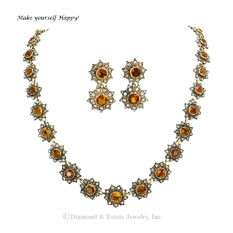 Simple Gemstone Necklace For Casual Wear-Victorian Citrine Rose Cut Diamond Earring Necklace Set