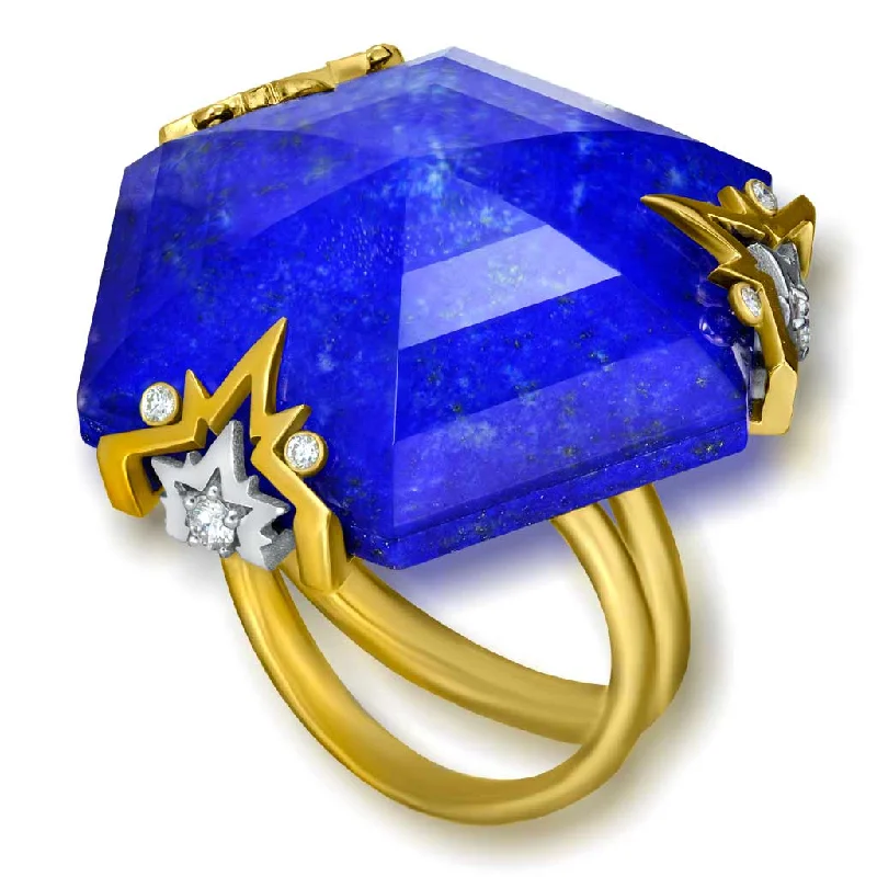 Personalized Engagement Rings For Special Occasions-Gold Denim Ring with Lapis Lazuli & Diamonds