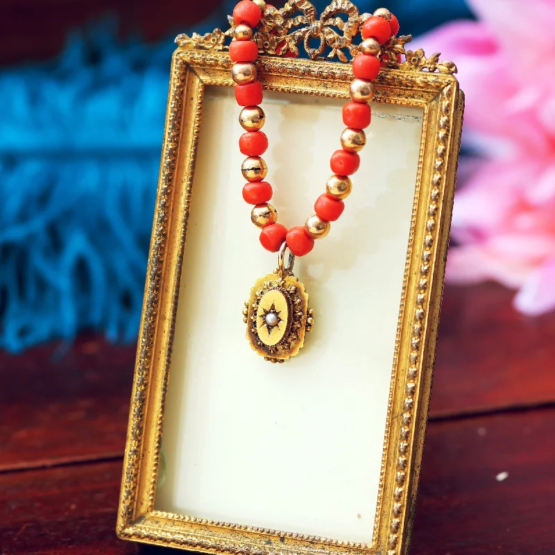 Custom Gold Pendant Necklace For Special Gifts-Antique Etruscan Revival Mediterranean Coral Necklace